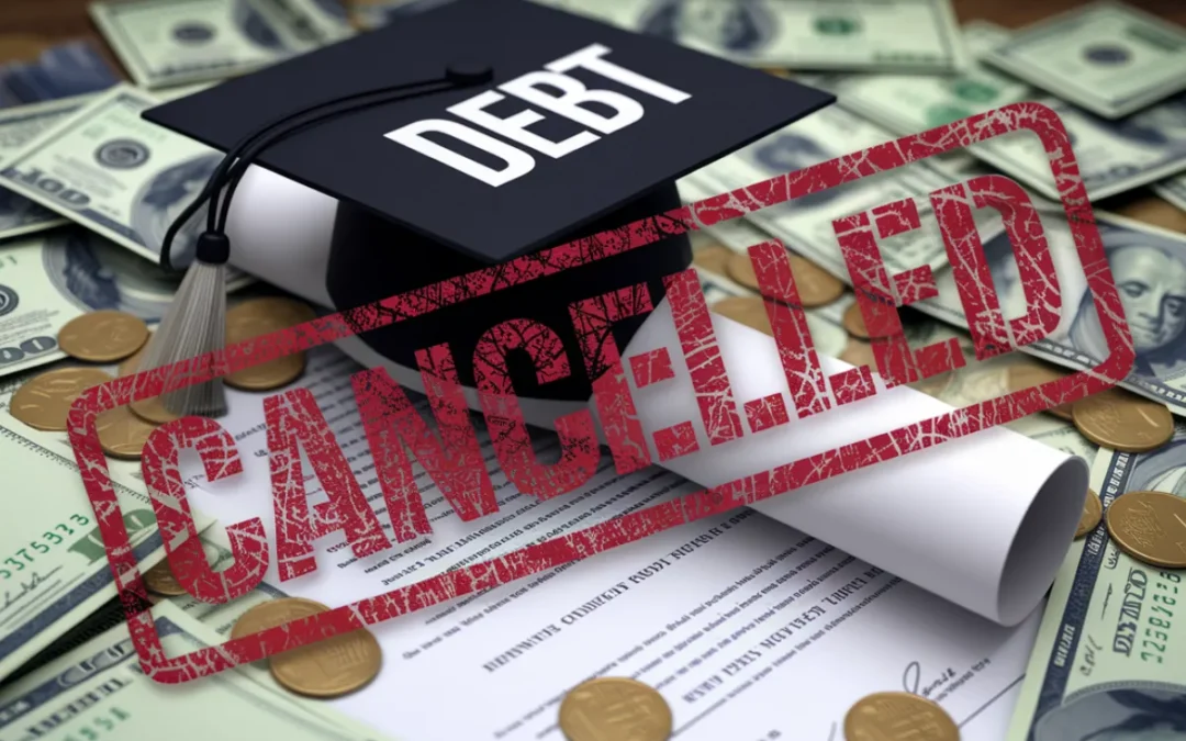 Graduation cap labeled “Debt” on diploma with dollar bills and coins in background, stamped “CANCELLED” — concept for cancellation of debt tax guide 2025.
