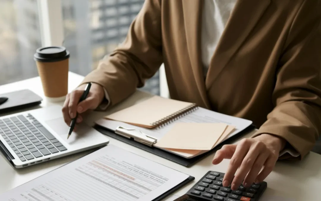 Self-employed person reviewing tax forms with calculator and laptop — concept for self-employment tax 2025.